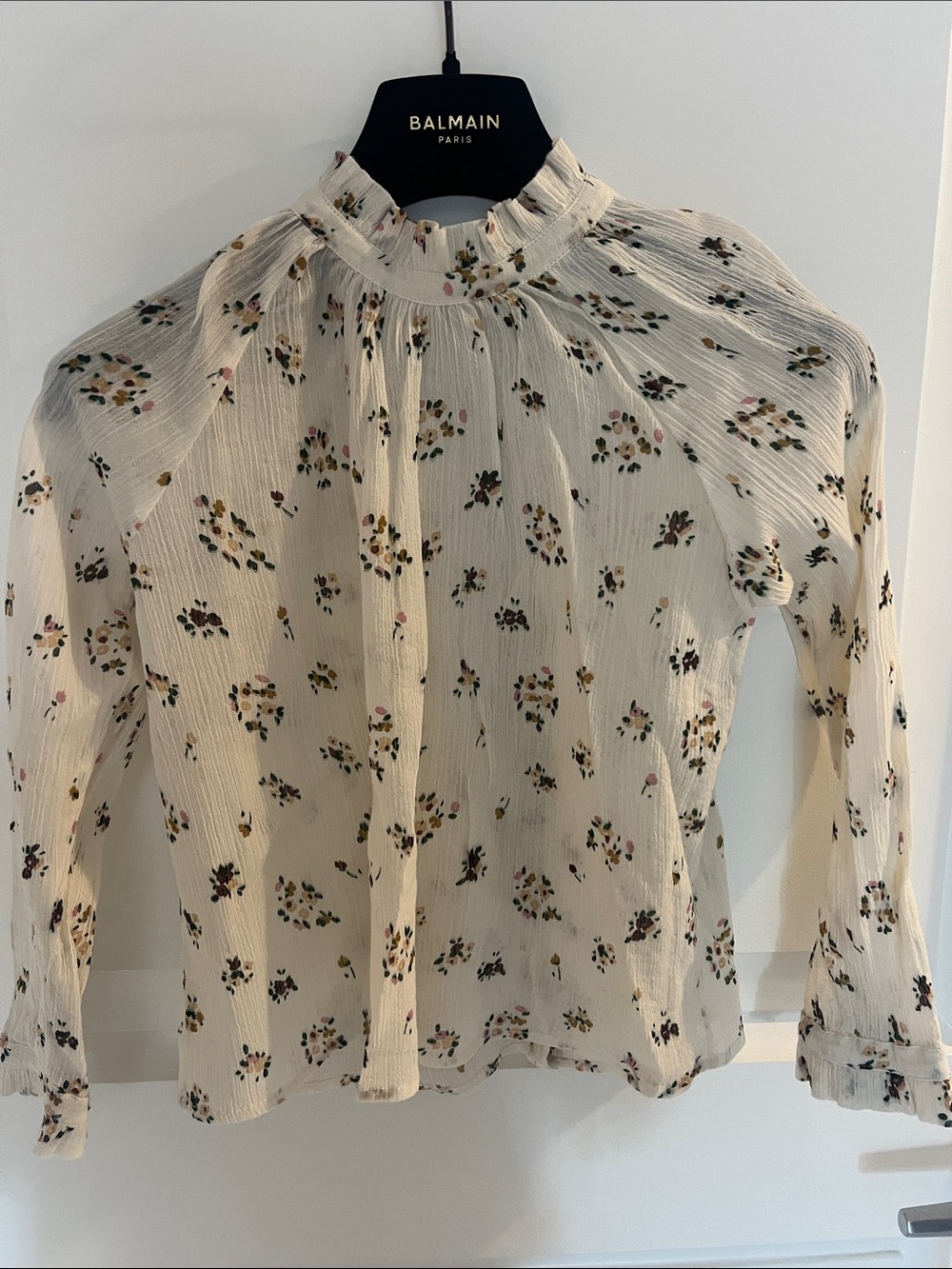 Emile et Ida Cream Floral Ruffled High-Neck Long Sleeve Blouse